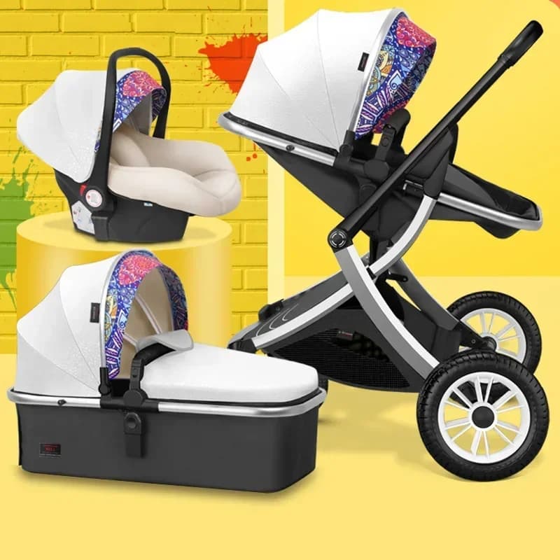 Poussette Haute Pliable 3 en 1 avec Siège Auto pour Bébé, Berceau Inclinable pour Nouveau-né