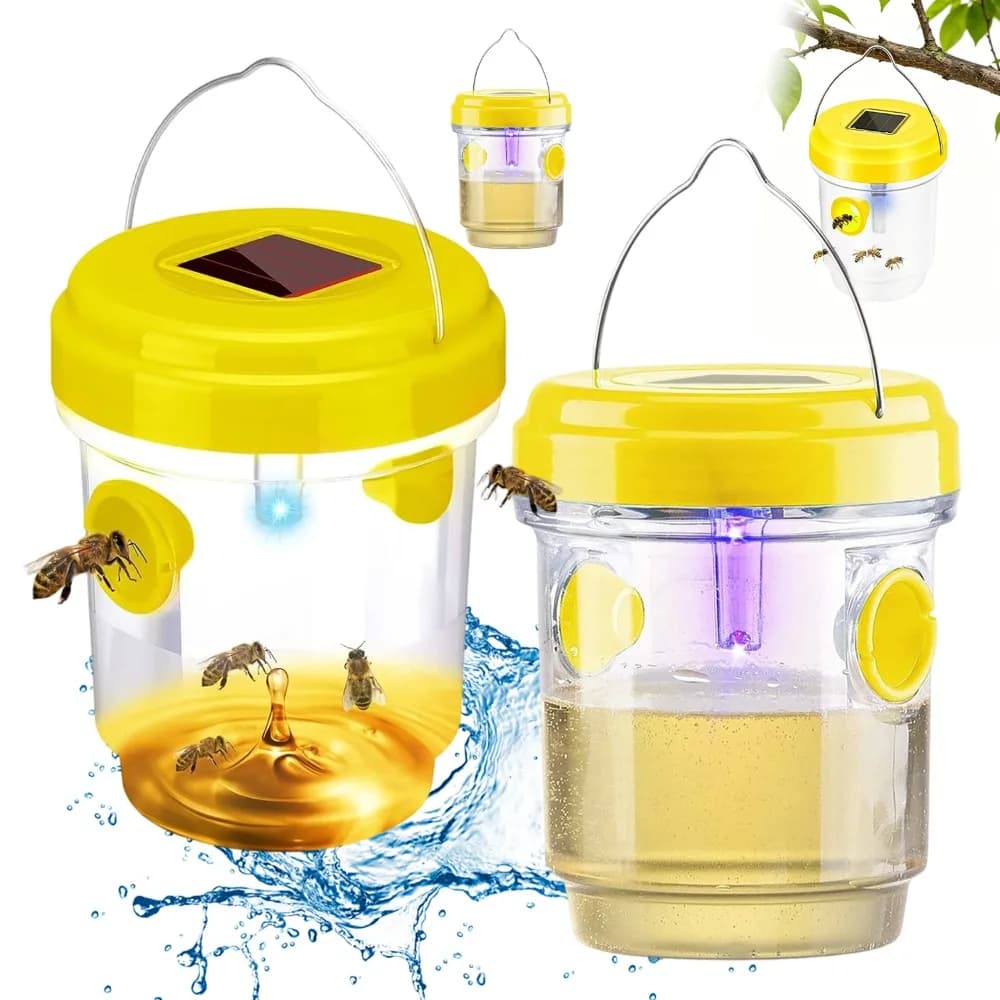 Piège à abeilles solaire (2 pièces) avec panneau solaire ultraviolet bleu et anneau de suspension, piège pour mouches des fruits, guêpes,