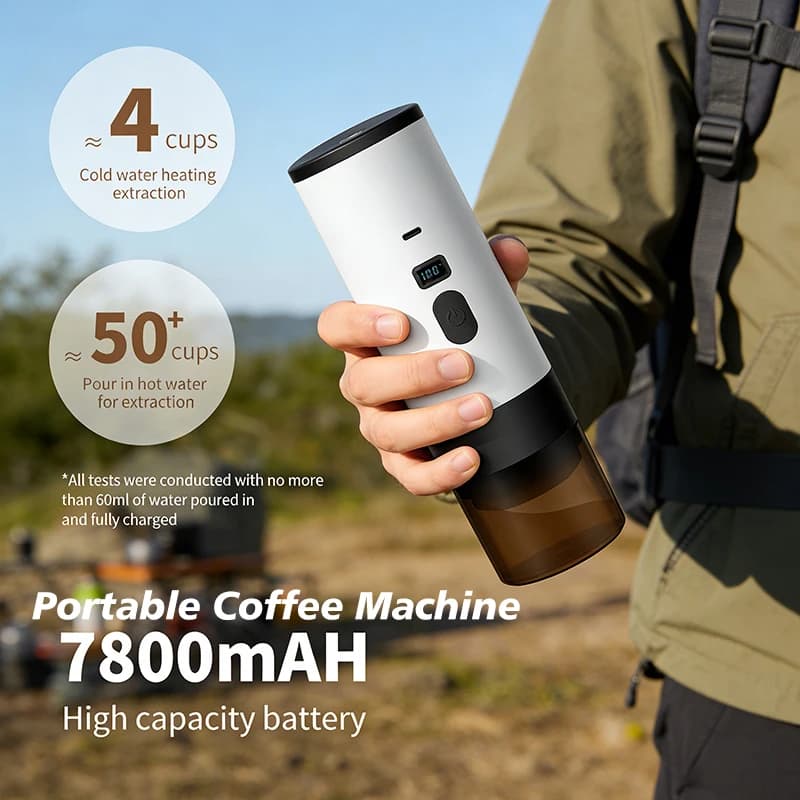Cafetière portable 3-en-1 longue durée 7800 mAh, machine à café électrique à capsules pour voiture, voyage et camping