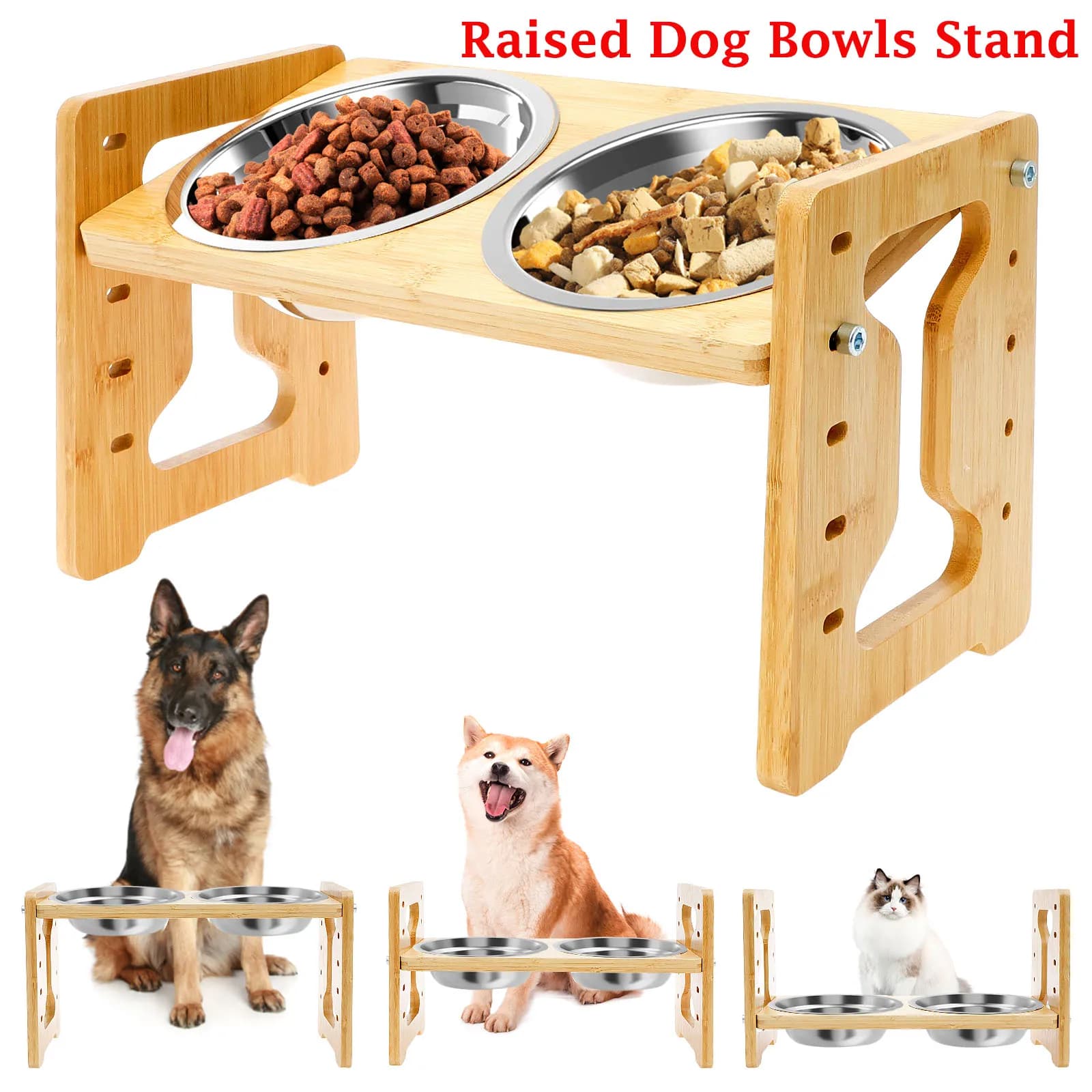 Bols surélevés pour chiens, support d'alimentation inclinable et réglable en bois avec bols de nourriture en acier inoxydable pour vos chats et