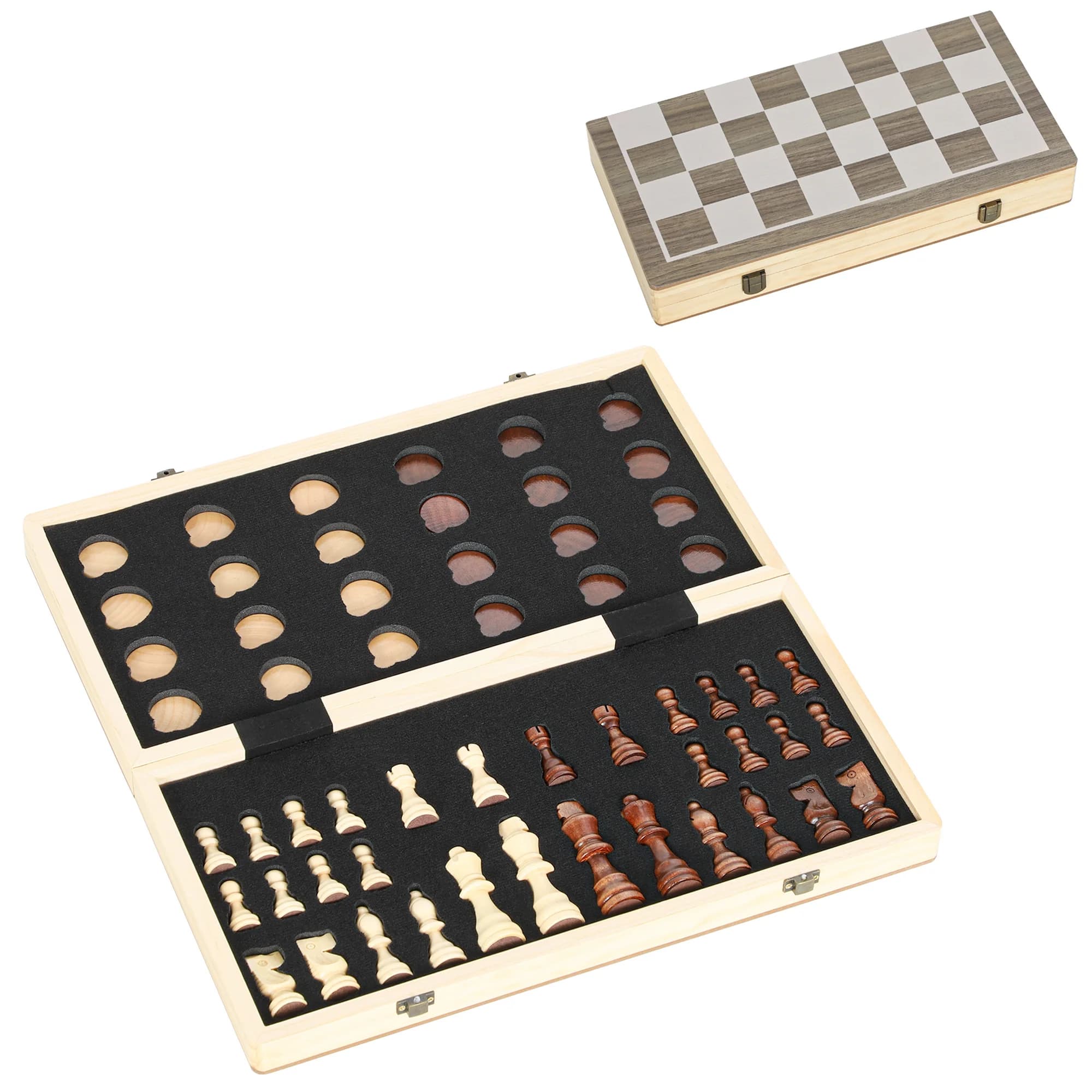 Sportnow Jeu d'échecs internationaux et de dames en bois 2 en 1 pliable avec morceaux de pin et fentes de rangement en noyer