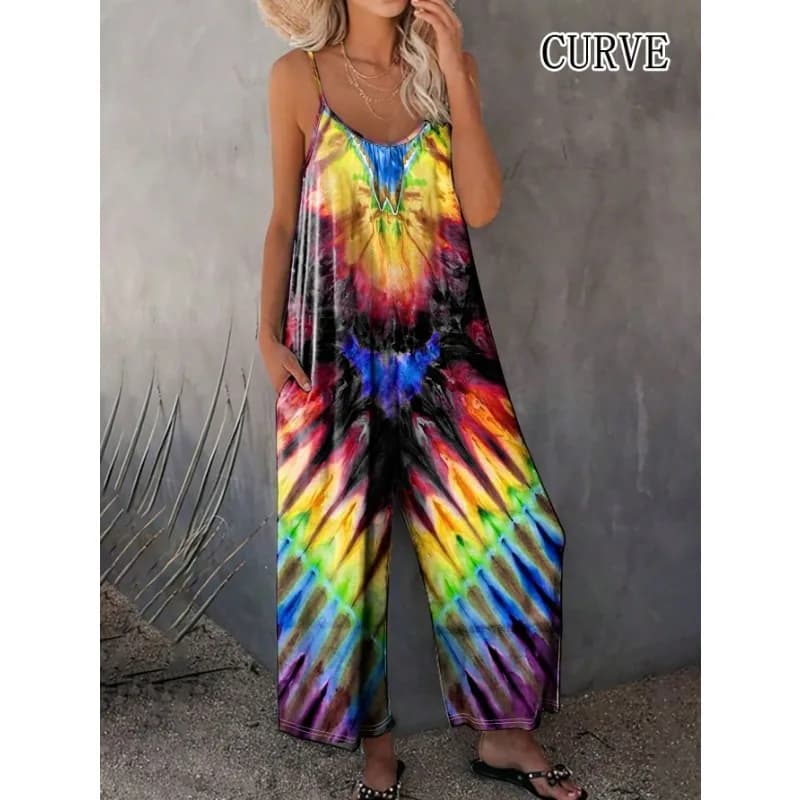 Grande taille 1XL-5XL femmes à la mode mince bandoulière cravate colorant imprimé décontracté confortable combinaison à bretelles