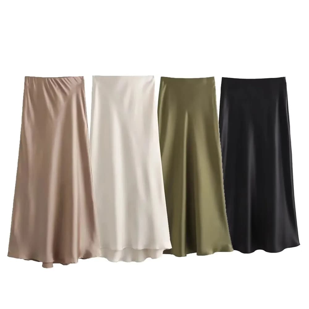 Jupe en satin MUJER Femme 2026 – Jupe longue taille haute pour femme, jupe midi noire élégante pour l'été, idéale pour le bureau