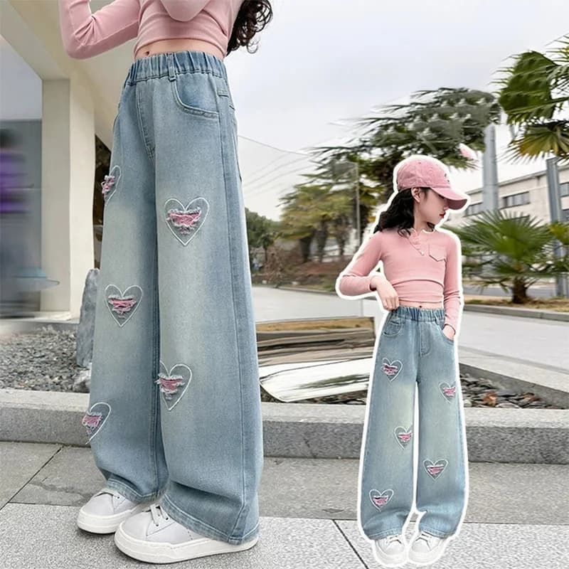 Pantalons en Denim droits pour filles de 5 à 14 ans, jeans décontractés à jambes larges, mode Streetwear, pantalons amples, vêtements pour