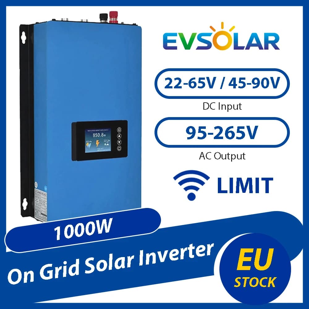 EVSOLAR Onduleur solaire connecté au réseau 1000W, entrée CC 22-65V / 45-90V, sortie CA 110V ou 220V, commutation automatique, pour panneau solaire