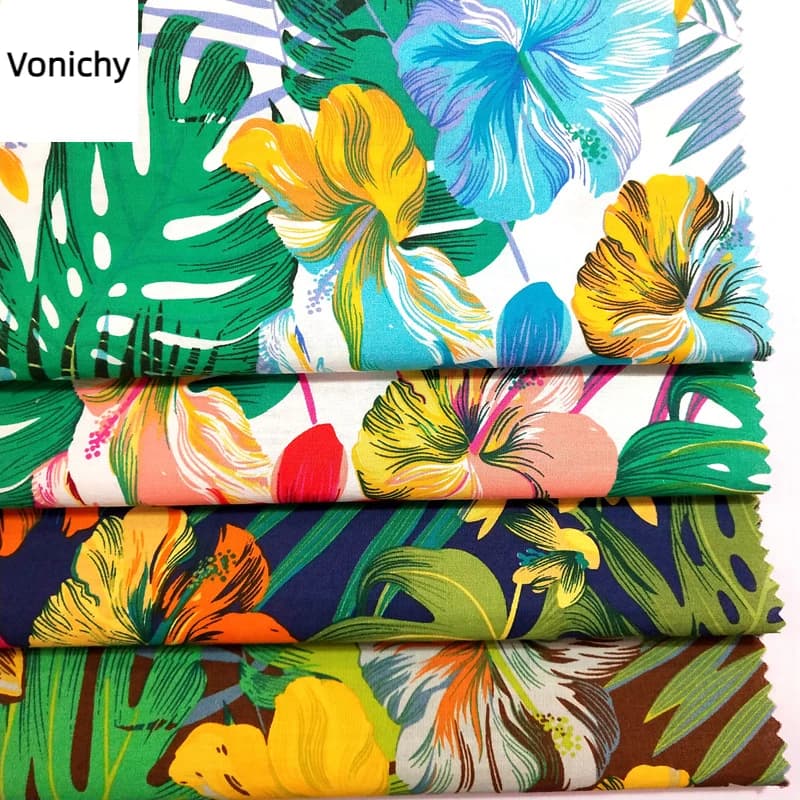 3/5/10m Tissu en coton imprimé feuilles de forêt tropicale colorée, chemises pour hommes, vêtements de plage, chapeaux