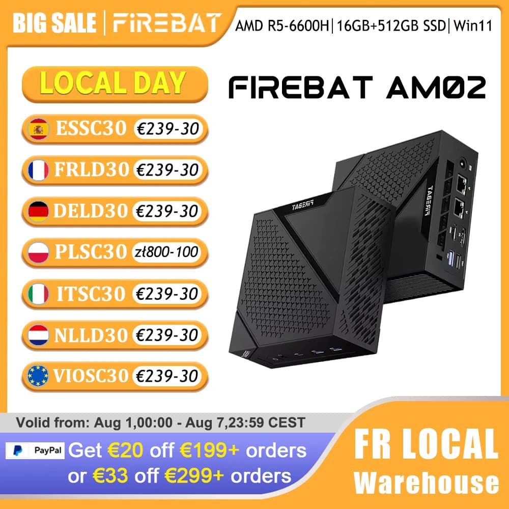 FIREBAT MINI PC AM02 Ryzen 5 6600H 16GB DDR5 512GB SSD Windows 11 WIFI6 BT5.2 Ordinateur de bureau compact Port réseau HDMI