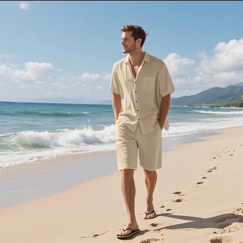 Le costume d'été 2025 pour hommes est un ensemble chemise en lin à manches courtes et short deux pièces adapté aux vacances et au style de plage