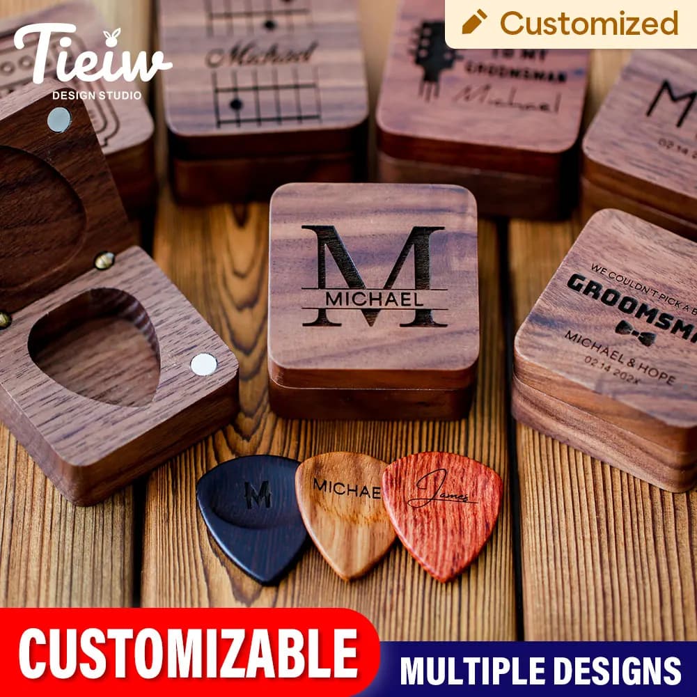 Boîte de plectres de guitare personnalisée avec plectres gravés personnalisés, étui de support en noyer naturel, cadeau de fête des pères,