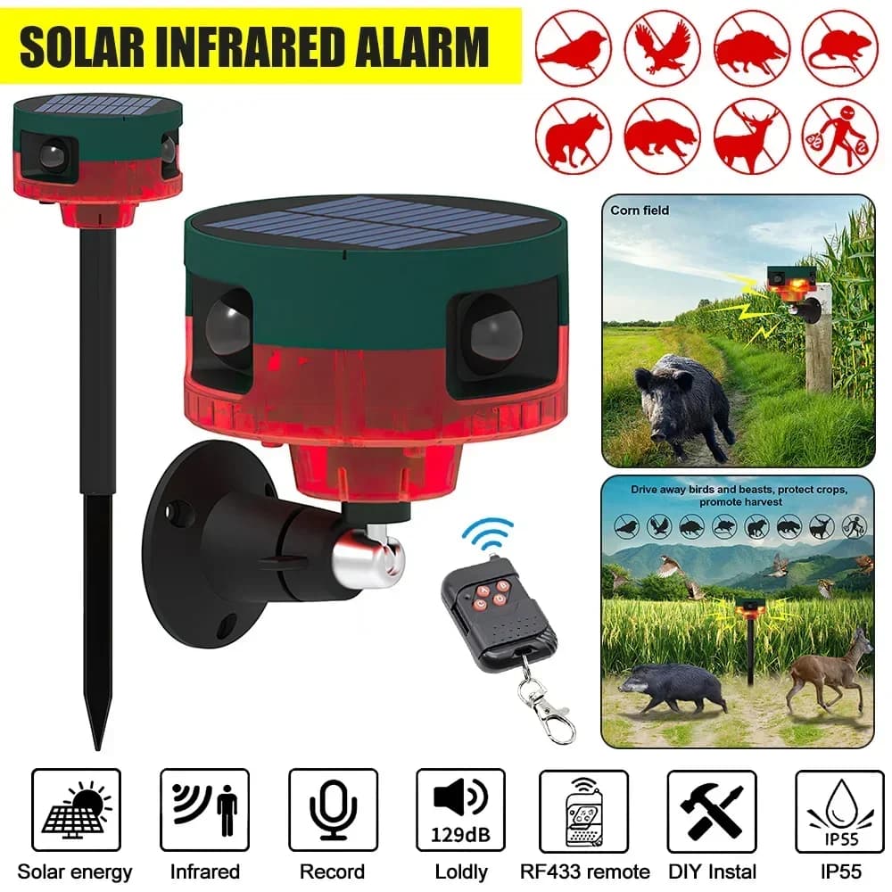 Détecteur d'alarme de capteur de mouvement infrarouge solaire, répulsif extérieur étanche pour animaux, alarme de sécurité 129dB, aboiement de