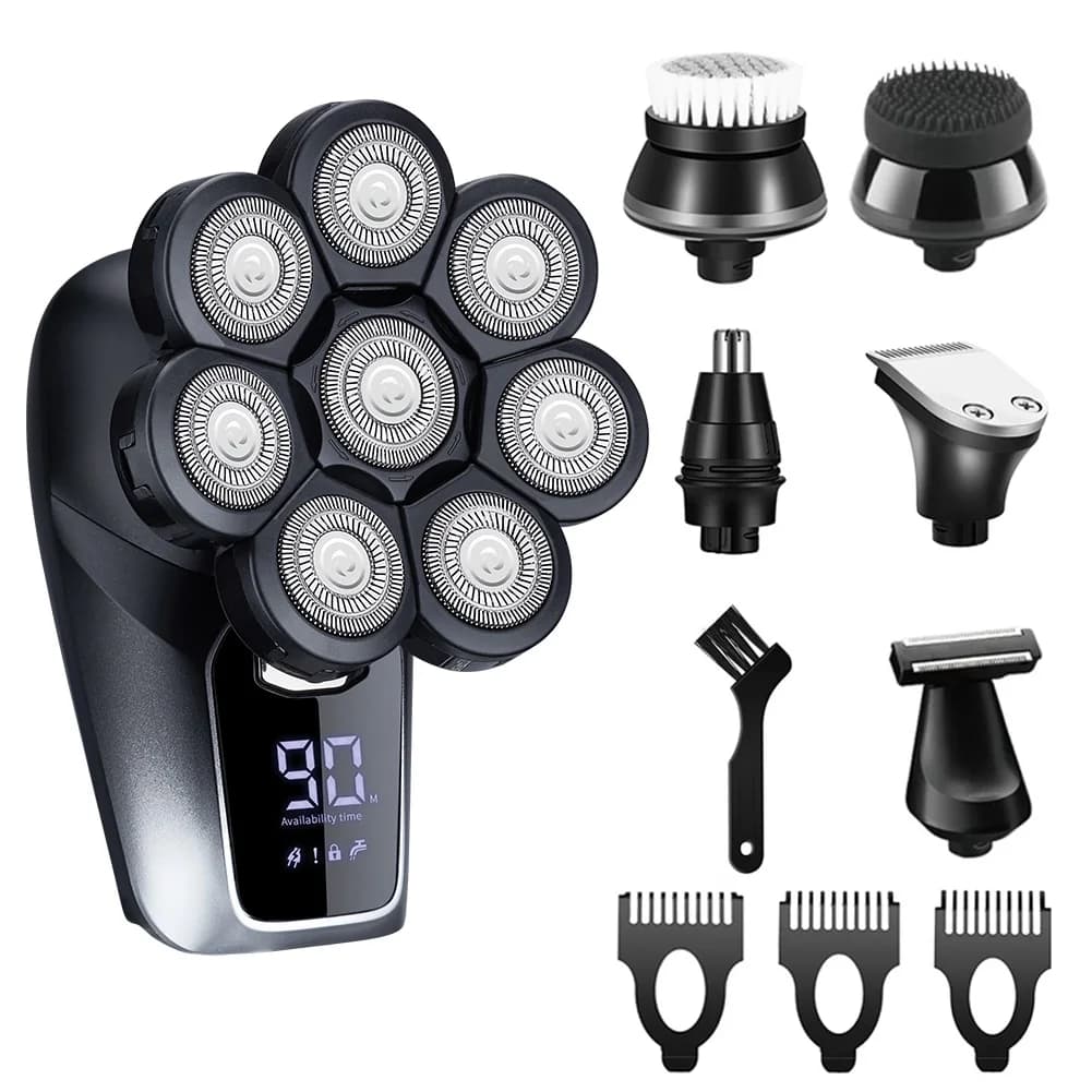 Rasoir Électrique 6-en-1 pour Hommes Chauves, 7 Lames Flottantes, Tondeuse à Cheveux, Recharge USB, Écran LED, Rasoir à Barbe Étanche