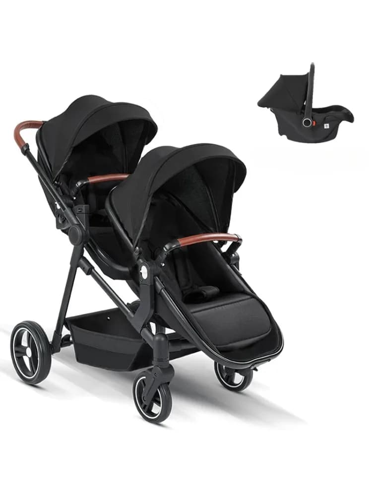 Poussette double 3 en 1 avec sièges auto. Peut être transporté à bord d'un avion. Peut être démonté en poussette légère pour bébé