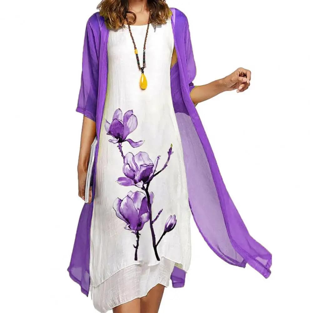 Ensemble de robe en mousseline de soie à imprimé floral rétro pour femme, robe à ourlet irrégulier, manteau châle, tenue d'été élégante pour