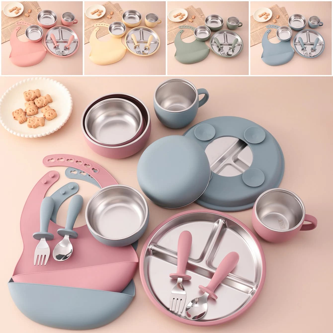 Couleur enfants 7 pièces en acier inoxydable et Silicone ensemble d'alimentation ventouse plats assiette bol sans BPA enfant en bas âge bavoir