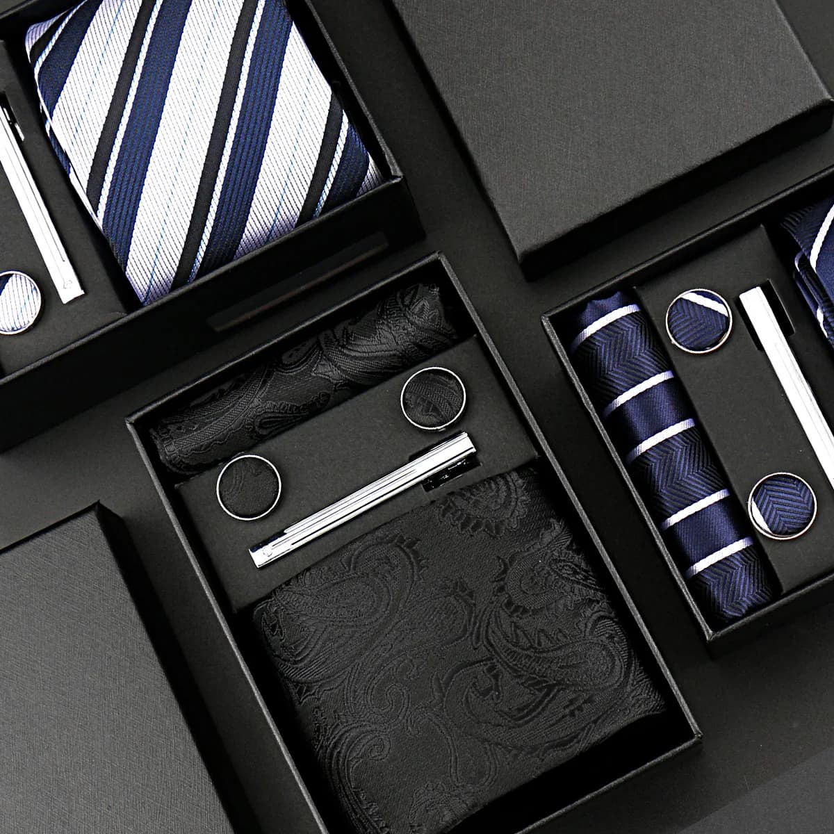 Coffret cadeau de cravate pour hommes, élégant, rayé, mouchoir, bouton de manchette, pince à cravate, ensemble de 4 pièces, accessoires de
