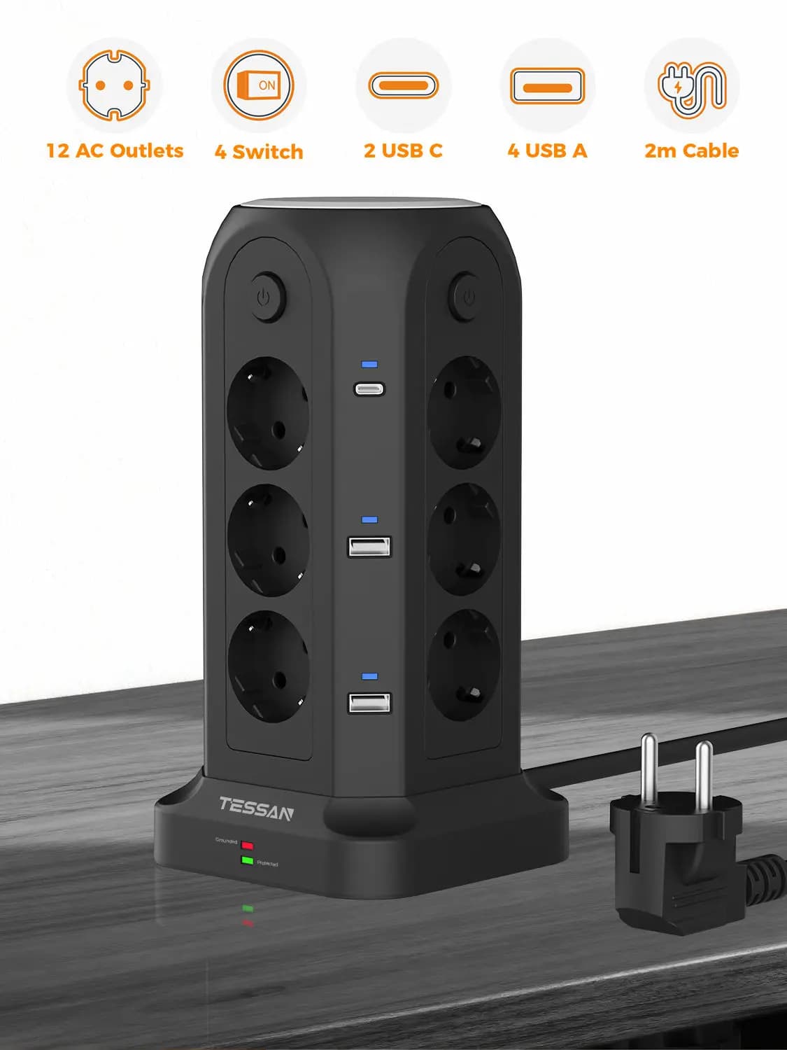 Multiprise TESSAN avec 12 prises, 6 ports USB, 4 interrupteurs individuels, prise EU, rallonge de 2 m, protection contre les surtensions