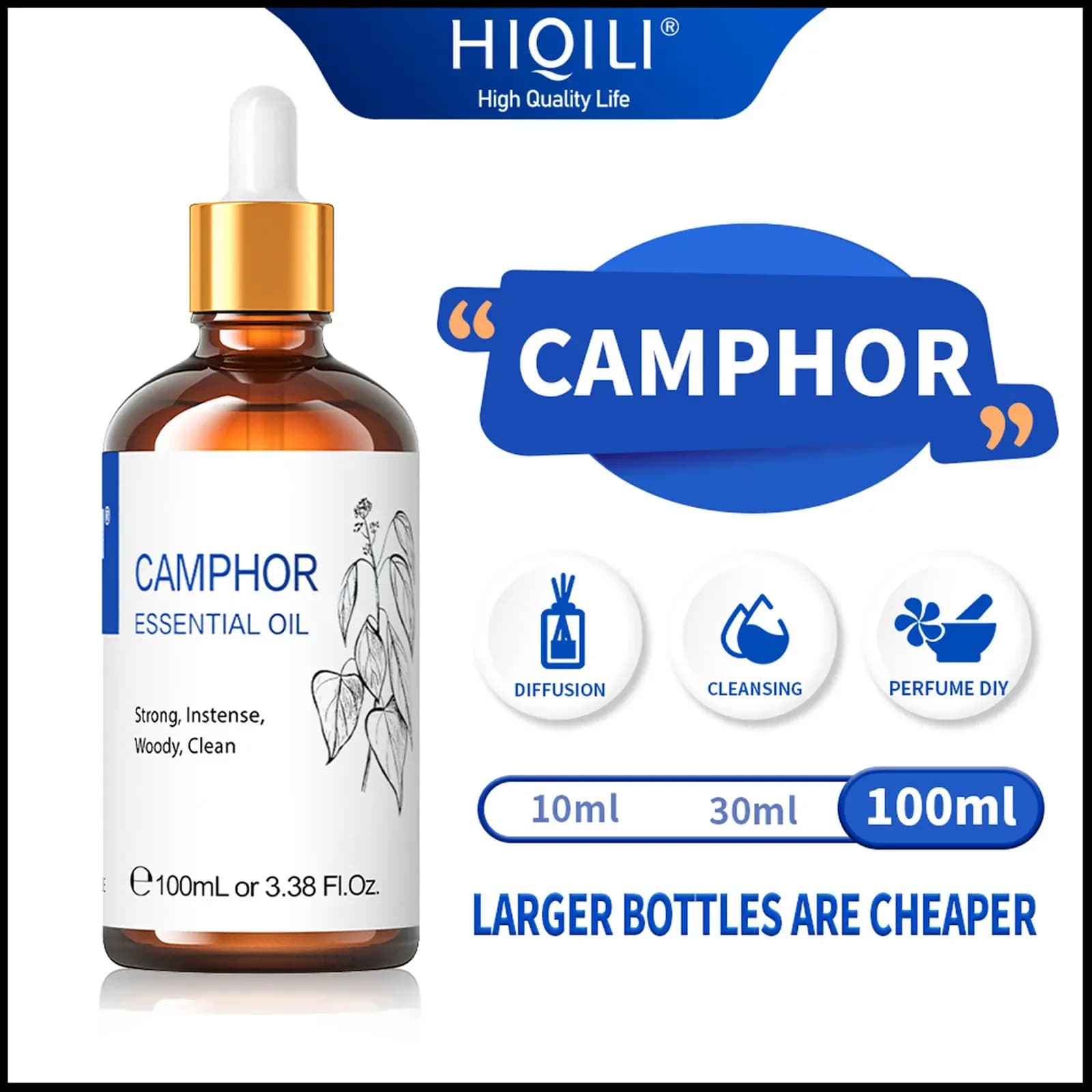 Huiles essentielles de camphre 100ML, huile HIQILI 100% Premium pour répulsif d'insectes, stabilisant les émotions, soulage la fatigue, diffuseur
