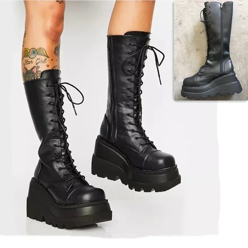 Bottes à plateforme punk pour femmes, microcarence élastique, talon épais, mi-mollet, dames, marque, noir, chaussures gothiques, printemps,