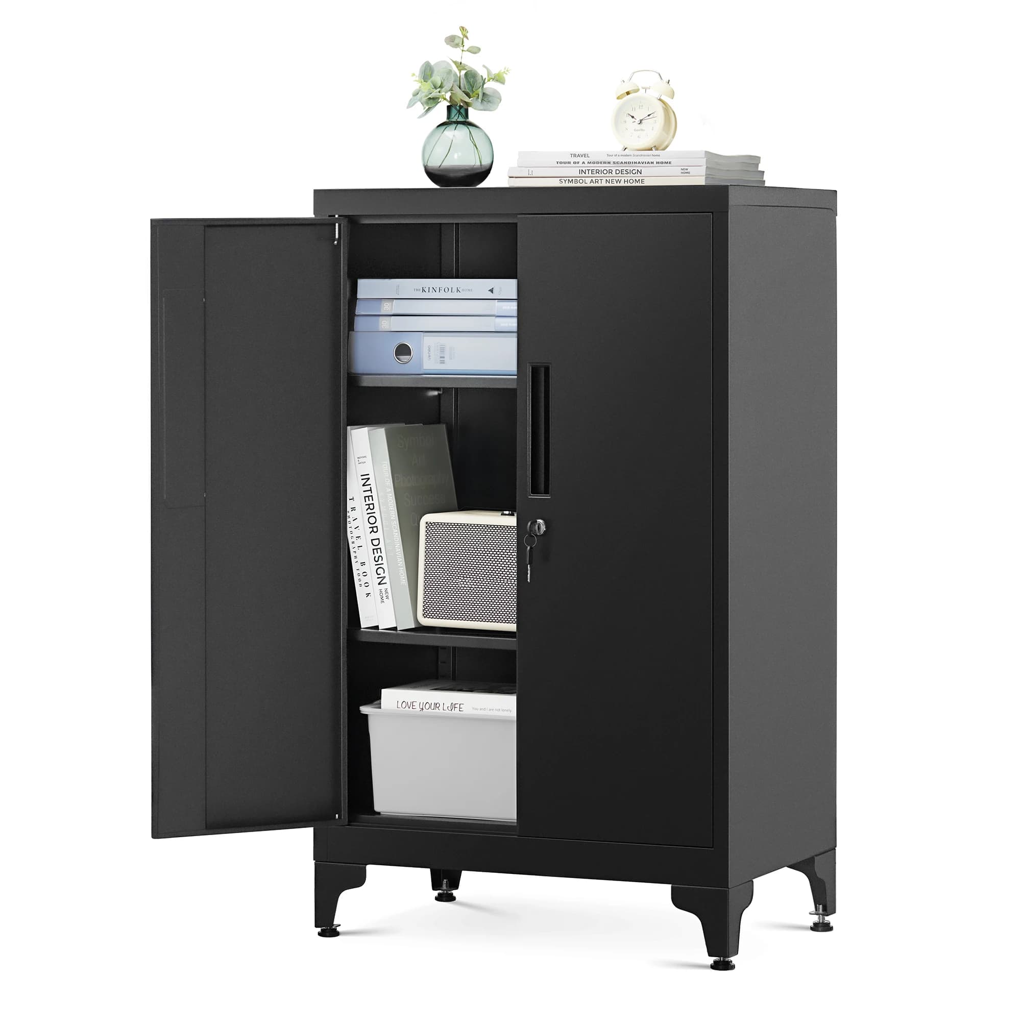 SONGMICS Caisson de Bureau, Placard Polyvalent, Armoire de Bureau à 2 Portes, Verrouillable, en Acier, pour Salon, Noir Mat
