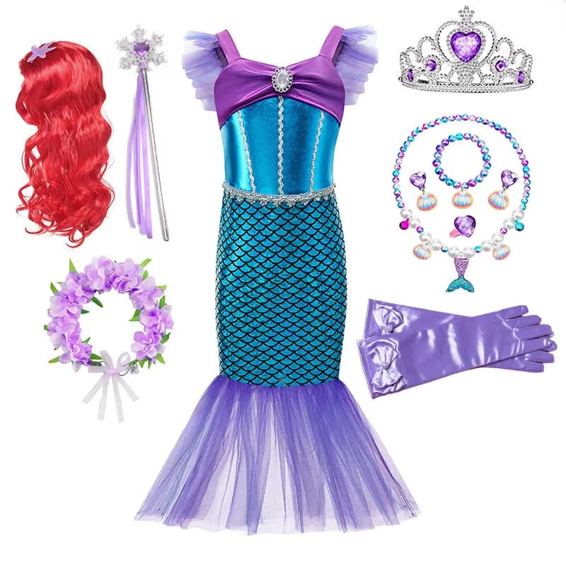 Costume de Sirène Ariel pour Filles, Robe de Princesse Sirène Élégante pour Fête d'Anniversaire, Déguisement de Petite Sirène pour Enfants,