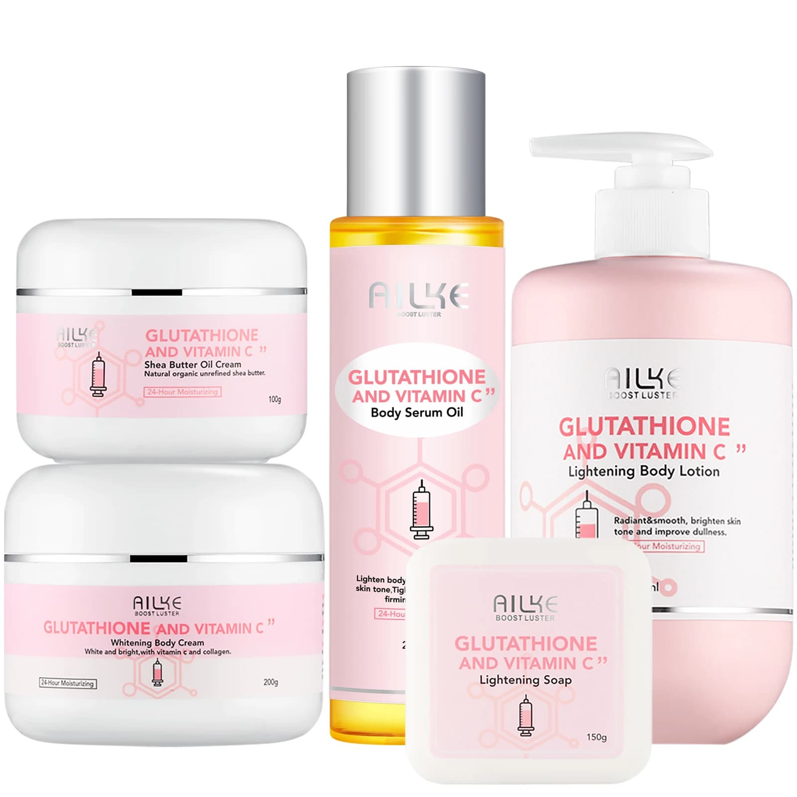 AILKE Kit de glutathion et de vitamine C, avec lotion blanchissante, crème hydratante, savon éclaircissant, huile spa, crème pour le corps