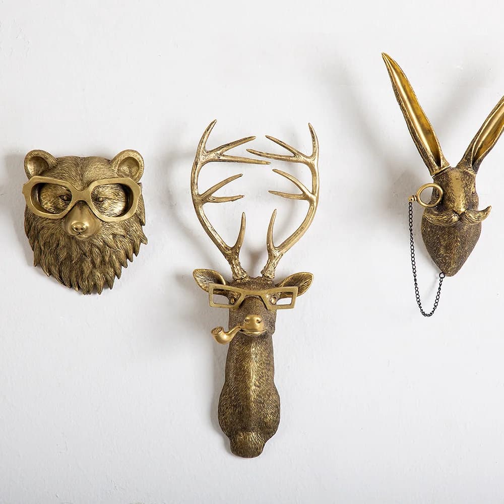 Pendentif Animal en résine Bronze Antique, tête de cerf doré, crochet de rangement mural, accessoires muraux de fond, Figurines décoratives