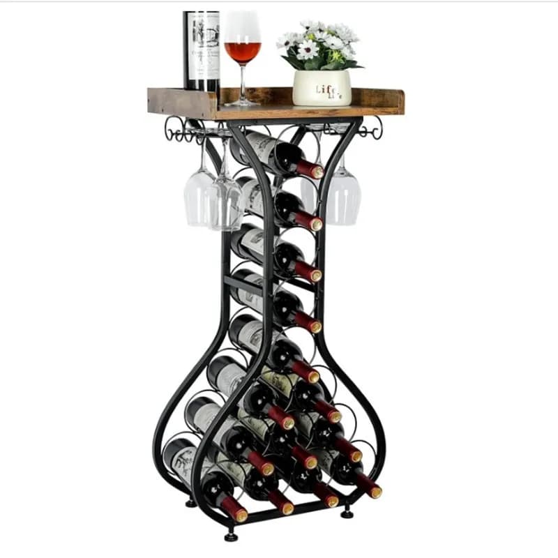 Meuble bar autoportant avec porte-bouteilles, support à verres et plateau en bois pour la maison