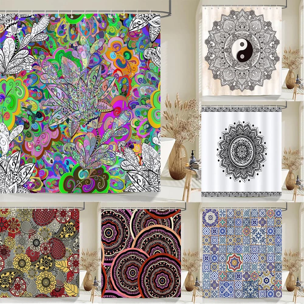 Rideau de douche en tissu bohème indien, rideaux de salle de bain, Mandala Boho, tissu imperméable, écran de bain, décor de baignoire avec 12