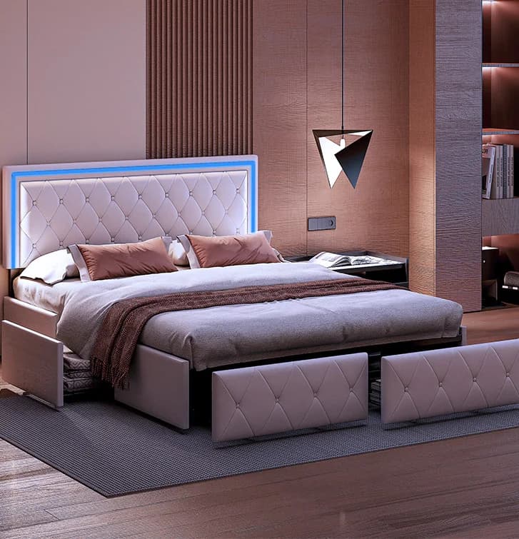 Lit en cuir moderne Fangange avec tiroirs, cadre de lit double en PU LED avec espace de rangement, 140/160 x 200 cm, sans matelas