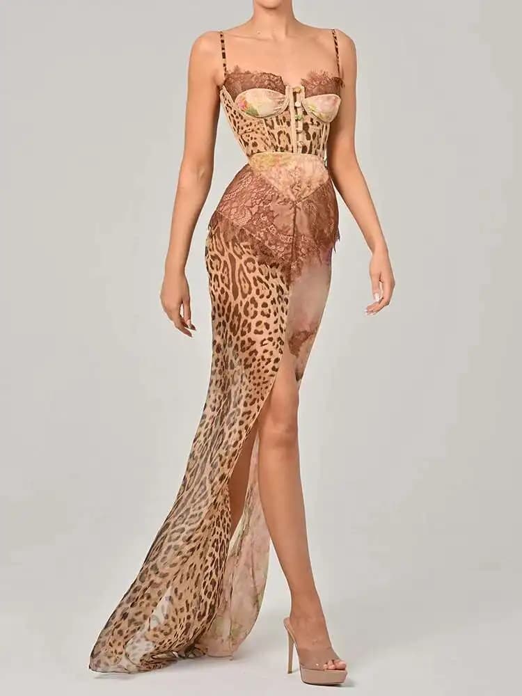 Blifanbo Sexy imprimé léopard dentelle fendue robe Maxi femmes robe élégante sans manches Patchwork en mousseline de soie dos nu plage robe de