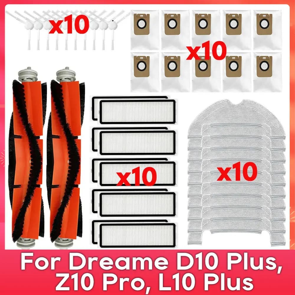 Accessoires compatibles (Dreame Bot D10 Plus / RLS3D / Z10 Pro / L10 Plus) : brosse principale, brosse latérale, filtre, serpillière, sac à