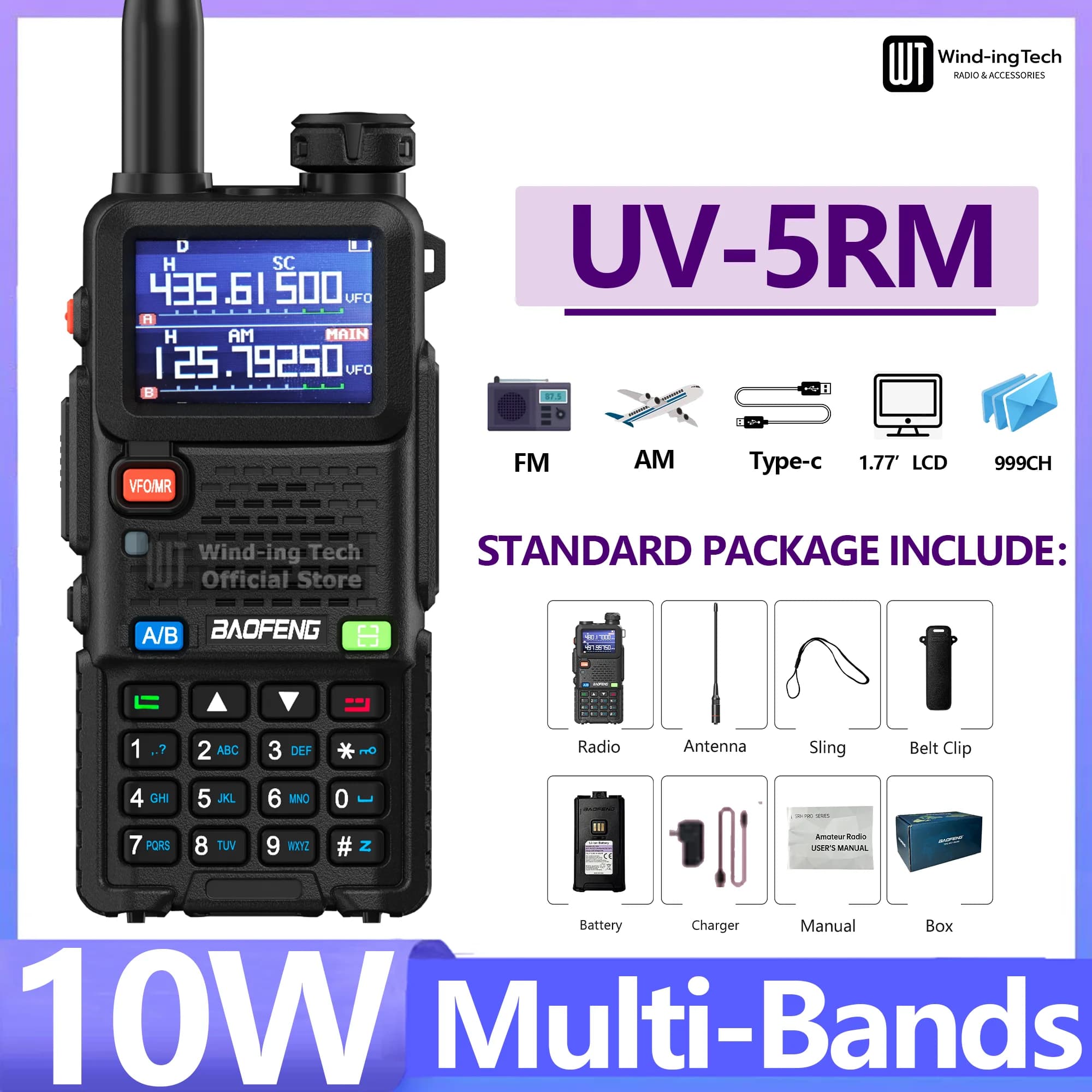 BAOFENG UV-5RM talkie-walkie multi-bande 10W NOAA AM FM 999 canaux batterie haute capacité DTMF type-c charge Radio longue portée