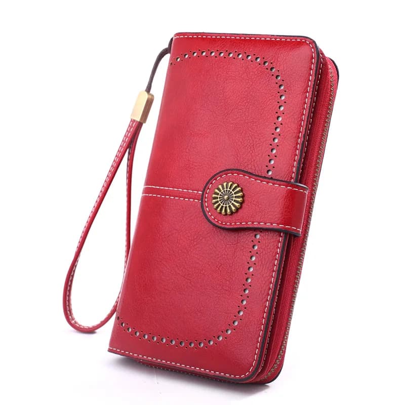 Nouveau porte-monnaie ajouré à la mode pour sac de téléphone en cuir gras pour femmes, sac à main long à fermeture éclair, sac à monnaie