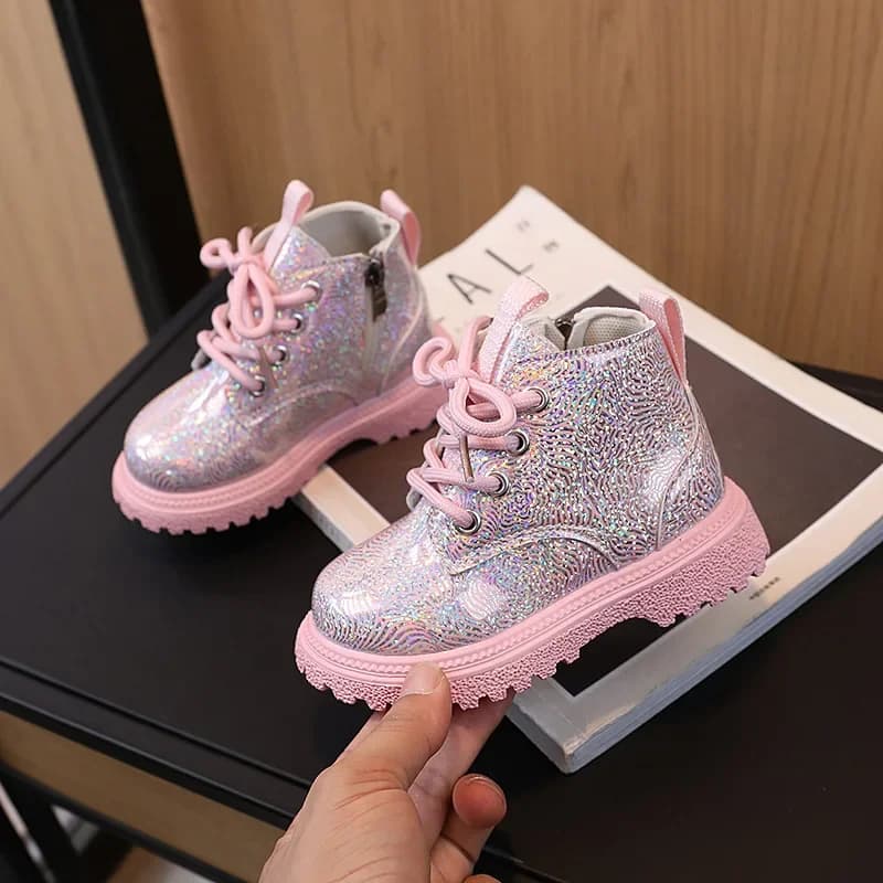 Bottes en cuir décontractées brillantes pour enfants, bottes courtes à bout rond avec fermeture éclair, mode polyvalente, princesse, rinçage,