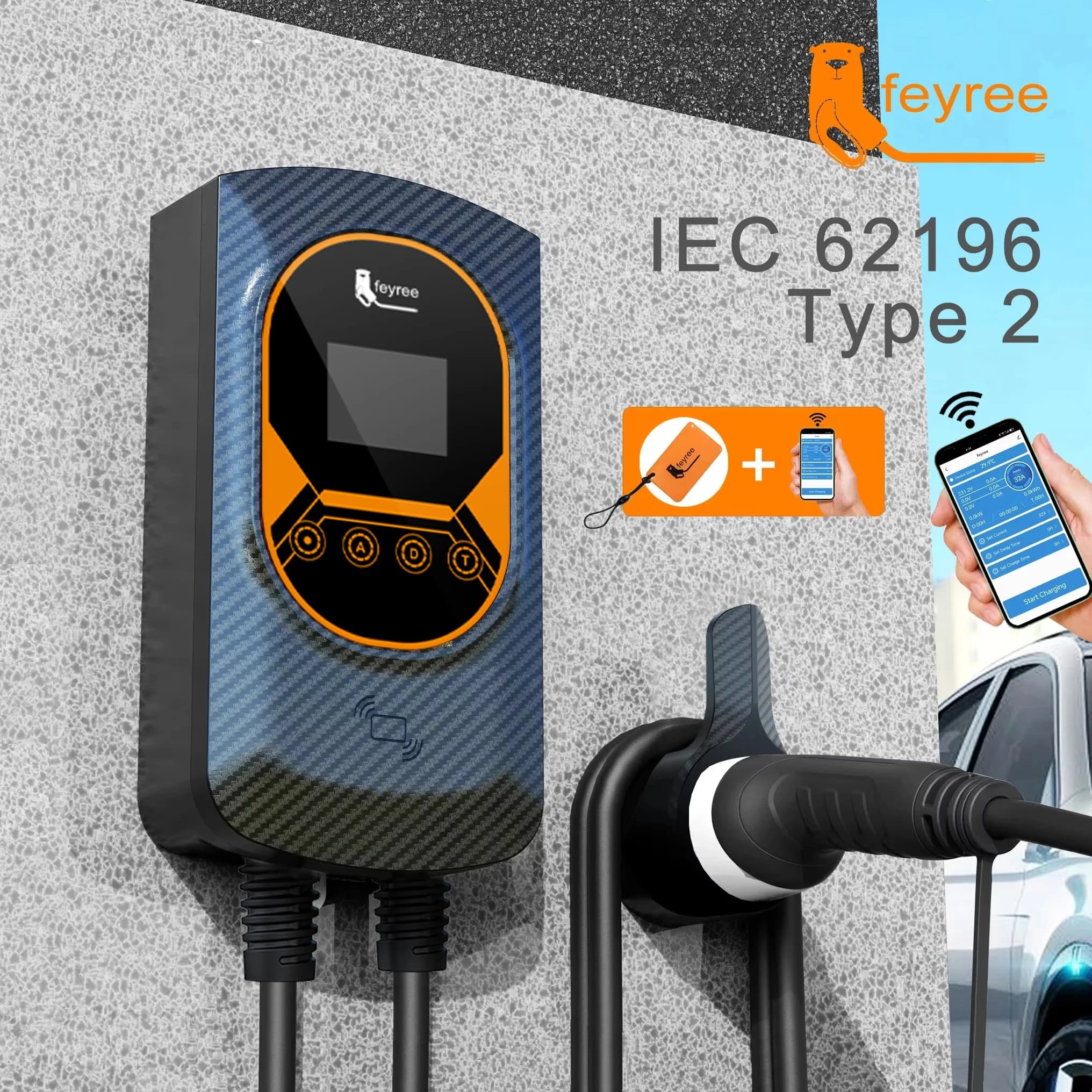 Station de recharge pour véhicules électriques Feyree 32A, chargeur de voiture électrique EVSE, boîtier mural, 7,6/11/22KW, câble Type 2