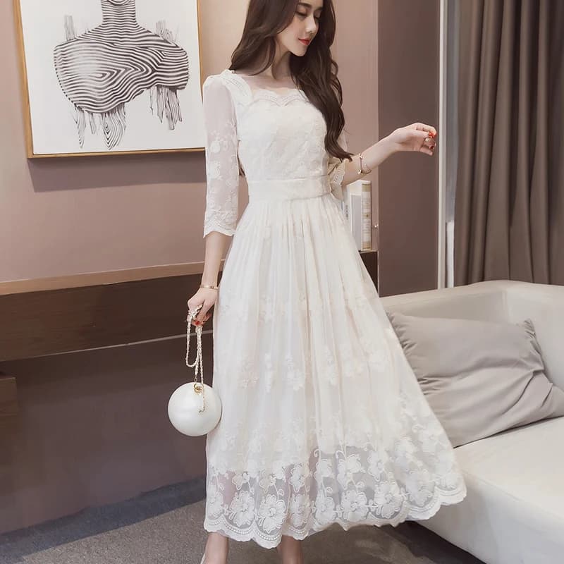 Robe longue blanche brodée pour femmes, Maxi anniversaire, manches en dentelle, décontractée, jeune, sensuelle, Sexy, courbe, styliste, une pièce