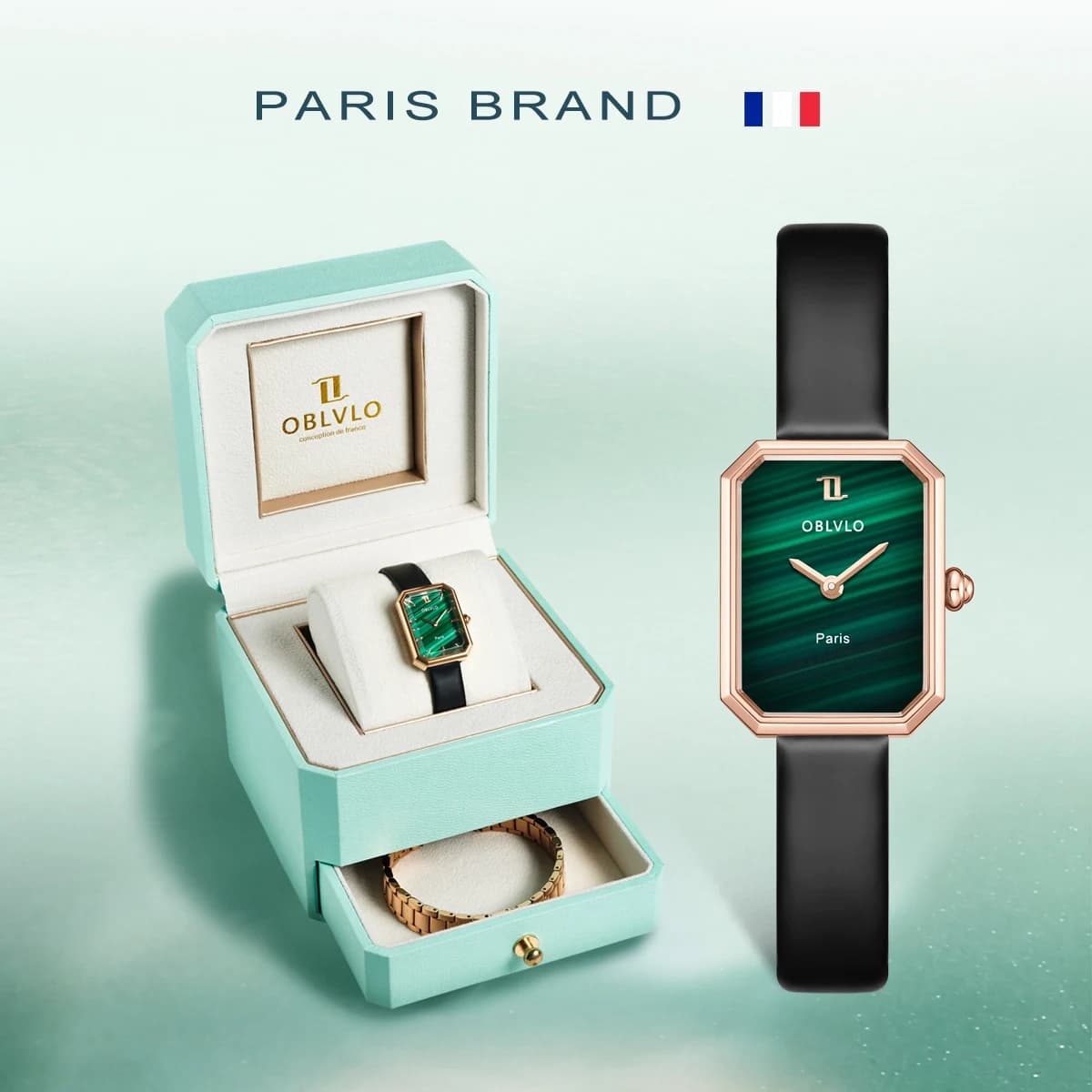 OBLVLO – montre à Quartz pour femmes, boîtier en or Rose, bracelet en cuir, cadran Malachite, Surface diamant saphir, petite horloge carrée 23mm