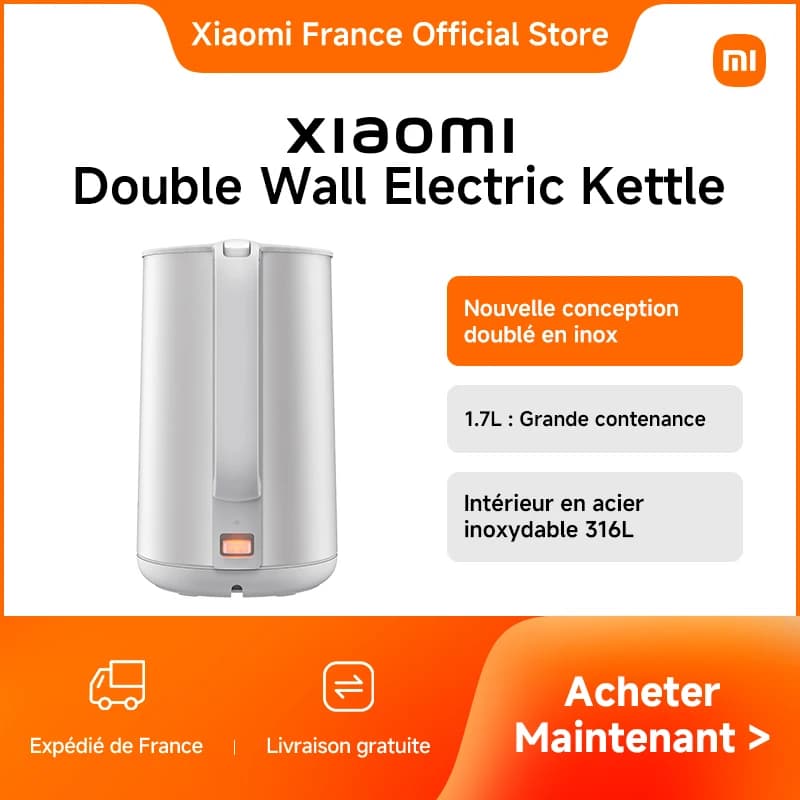 [Officiel] Xiaomi Double Wall Electric Kettle | Grande contenance de 1.7 L, Intérieur en acier inoxydable 316L, Acier coloré, 1800 W : Puissance