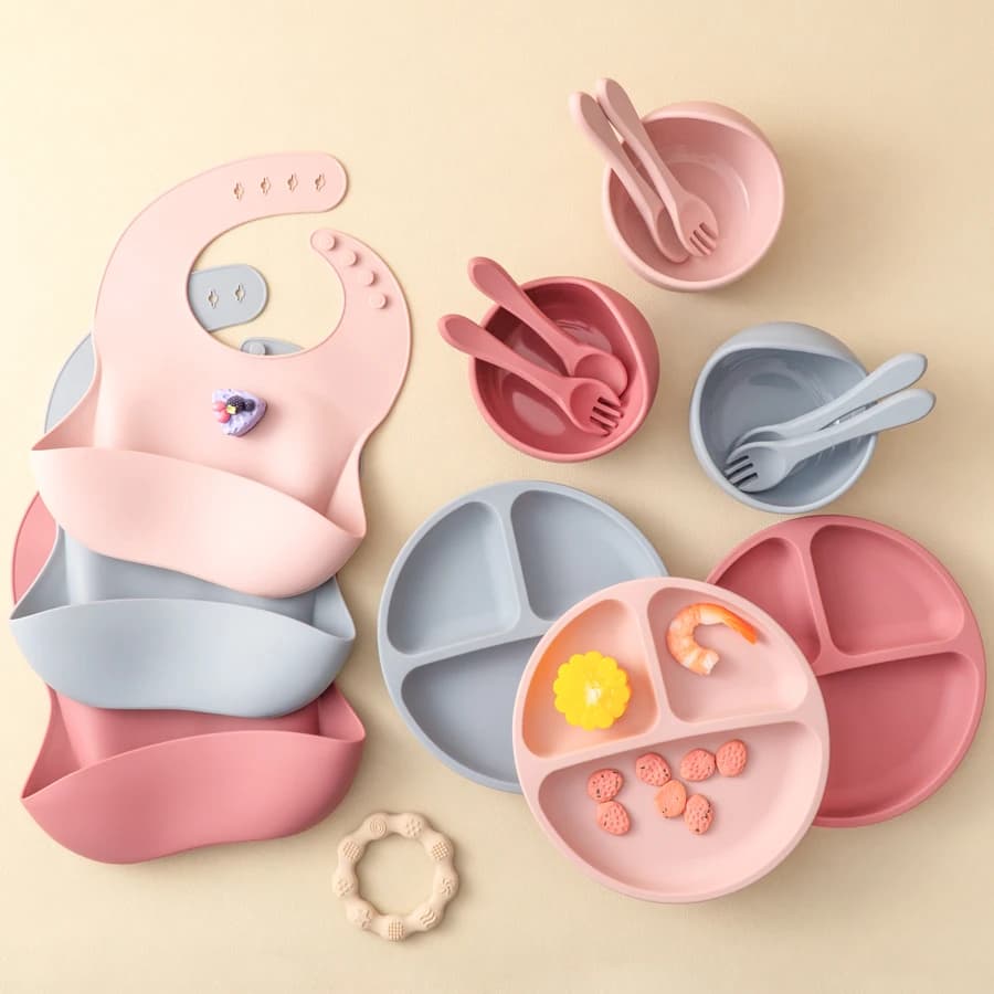 Ensemble d'alimentation en Silicone pour bébé, assiette à manger ronde, bol à ventouse, plats pour enfants, bavoir étanche, cuillère, vaisselle