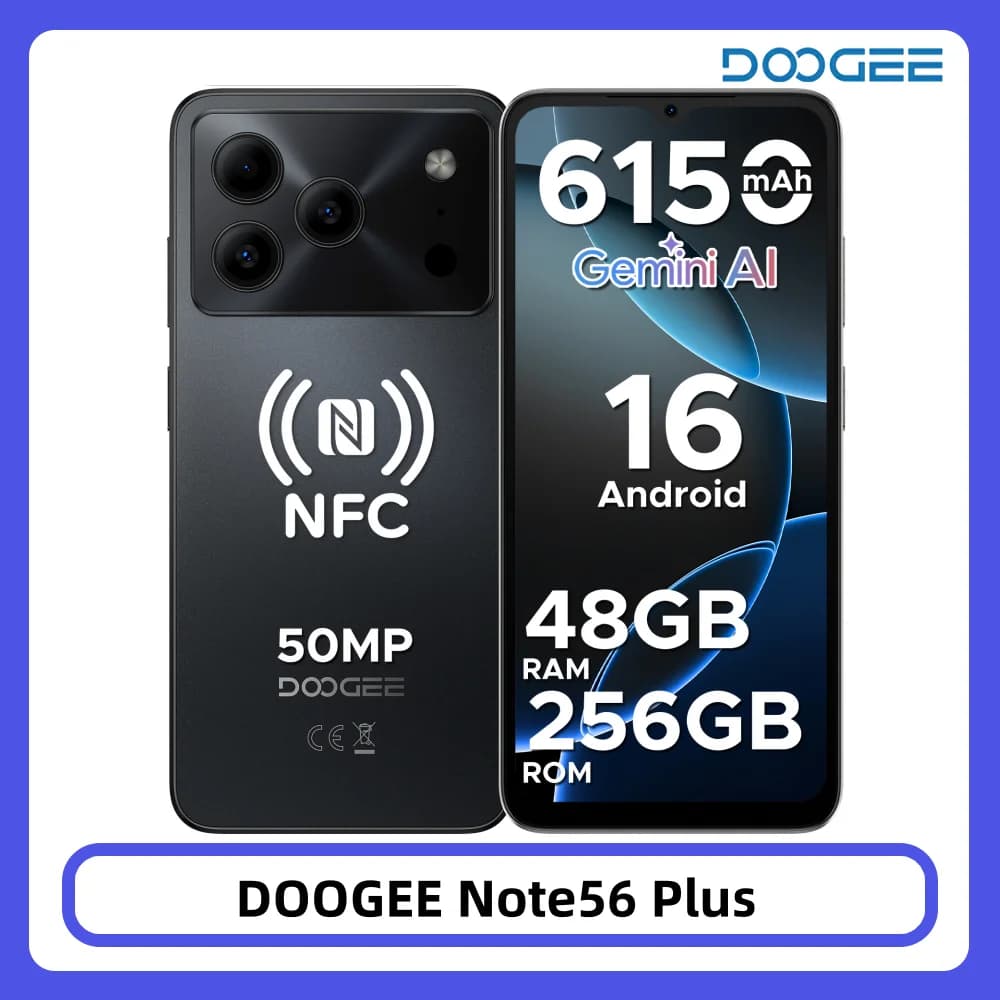 DOOGEE Note56 Plus Android 16 Smartphone 48GB 256GB 6150mAh grande batterie 6.56 ''90Hz affichage 50MP caméra NFC téléphones mobiles