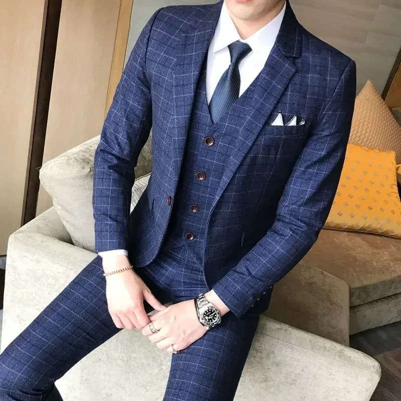 (Veste + gilet + pantalon) costume pour hommes 3 pièces Boutique de mode Plaid mariage affaires décontracté hommes Blazer robe de soirée de