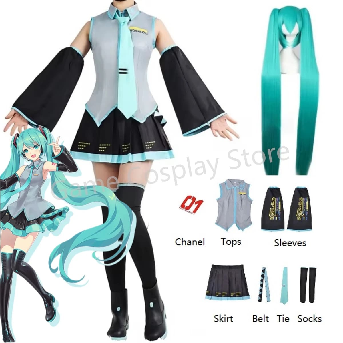 Vêtements de spectacle de figurines d'anime, Costume de Cosplay Miku, jupe JK, accessoires de perruque, fête de carnaval d'halloween, Comic Con