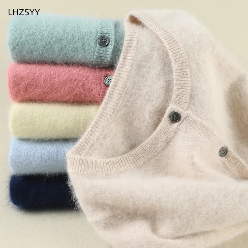 Femmes Cardigan grande taille chaud pur vison cachemire chandails col rond manteau ample femme pull dames veste solide tricot Cardigans