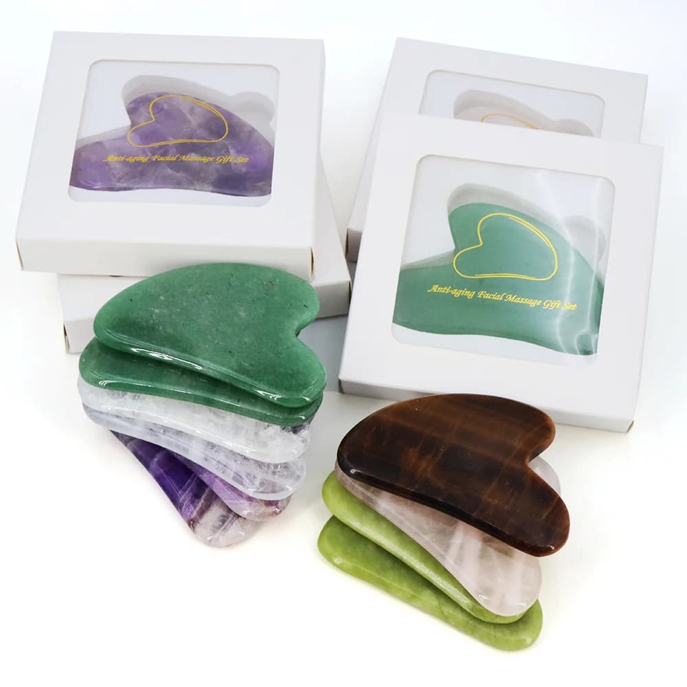 Planche de Massage Gua Sha en pierre naturelle, Quartz Rose, améthyste, plaque Guasha, Jade, masseur de visage, grattoirs, outils pour le cou, le dos