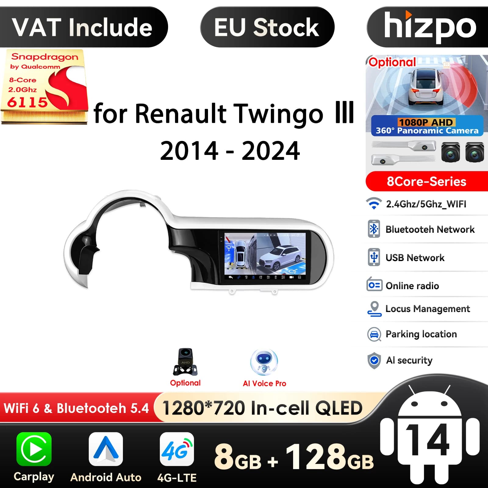 Hizpo Snapdragon autoradio Carplay Android pour Renault Twingo III 2014-2024 lecteur vidéo multimédia Auto stéréo Navigation GPS DSP