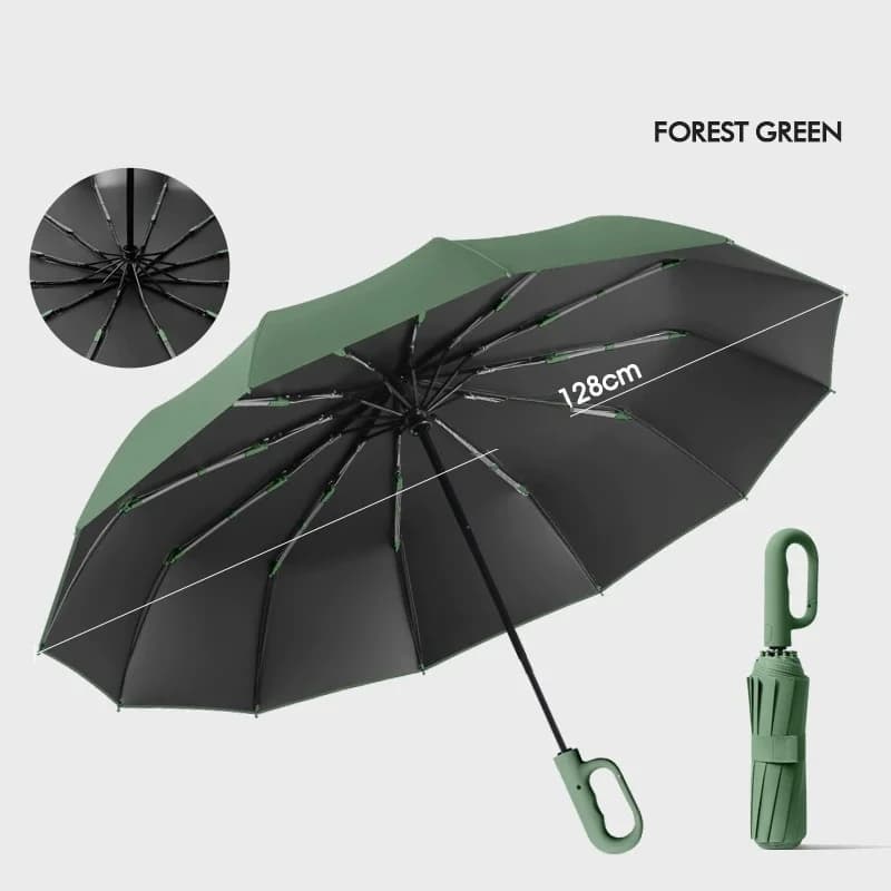 Parapluie à boucle d'anneau Extra Large à 12 os, entièrement automatique, portable, résistant au vent, double usage, pliable, colle noire de pluie