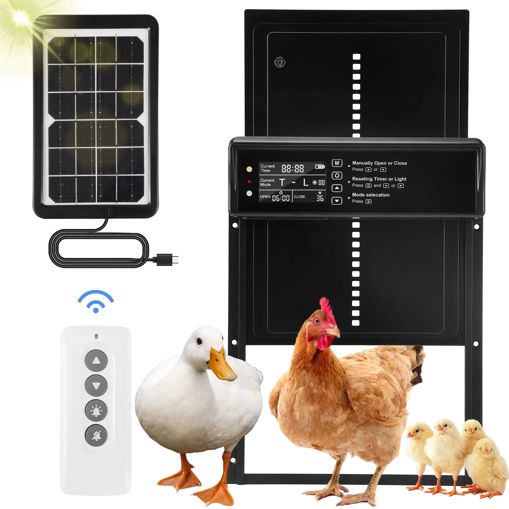 Porte de poulailler automatique solaire avec écran LCD, capteur de lumière/minuterie/télécommande portes de poulailler automatiques Anti-pincement