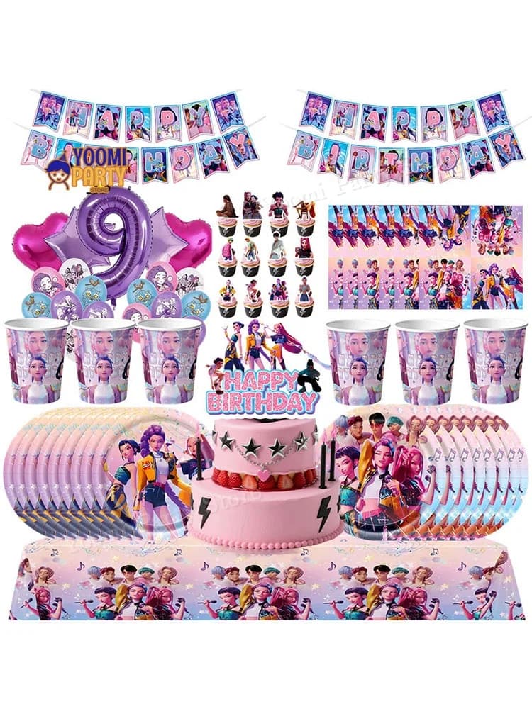 Articles de décoration pour fête d'anniversaire, assiettes, gobelets, serviettes, ballons, cadeaux pour filles sur le thème des dessins animés,