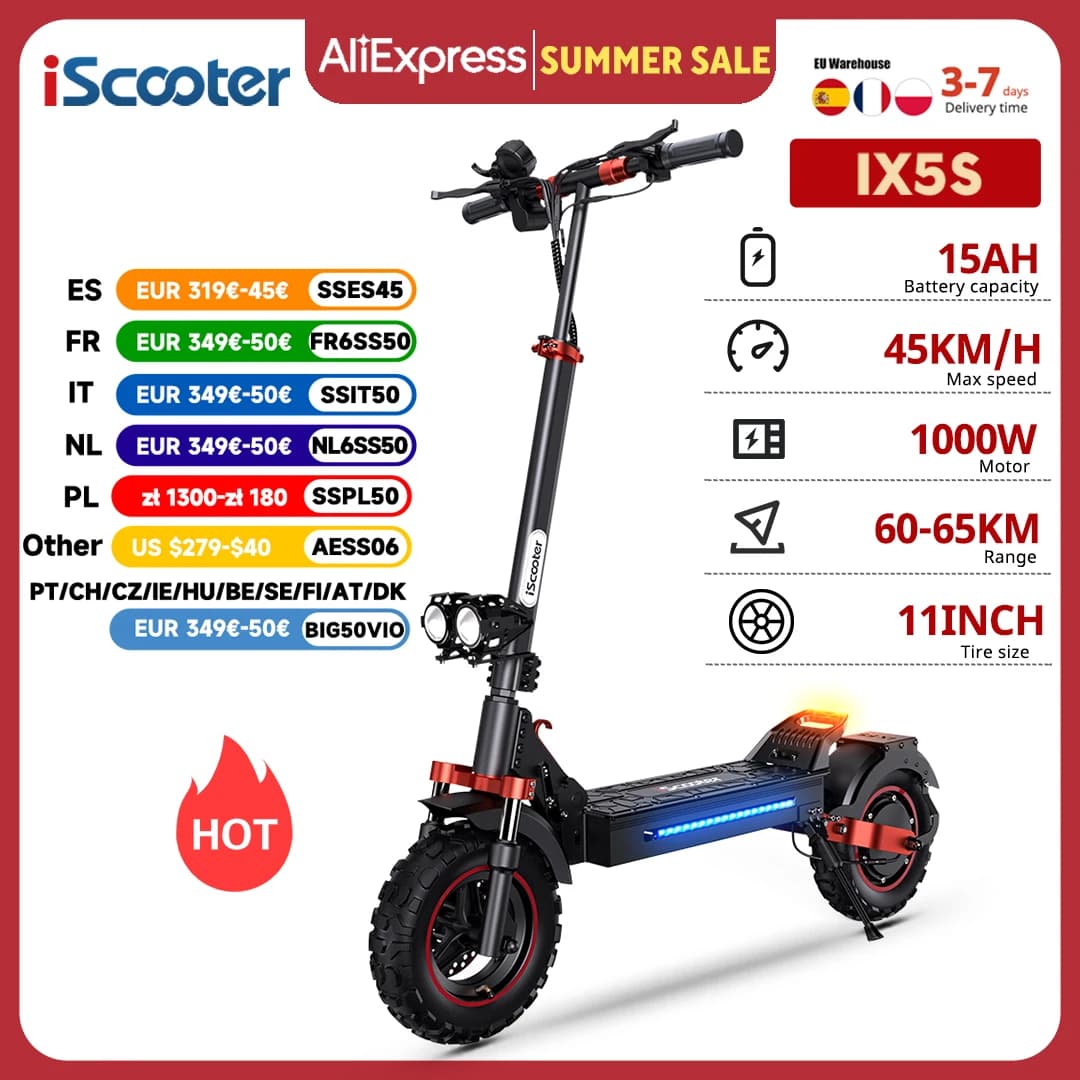 Trottinette électrique iScooter IX5S, 11 pouces, tout-terrain, 48V15Ah, 1000W, propulsion arrière, vitesse maximale 45 km/h, autonomie 65 km,