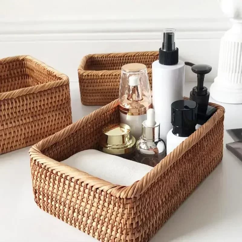 Panier rectangulaire en rotin et osier tissé à la main, fruits, thé, collation, pain, pique-nique, boîte de rangement de cosmétiques, fournitures